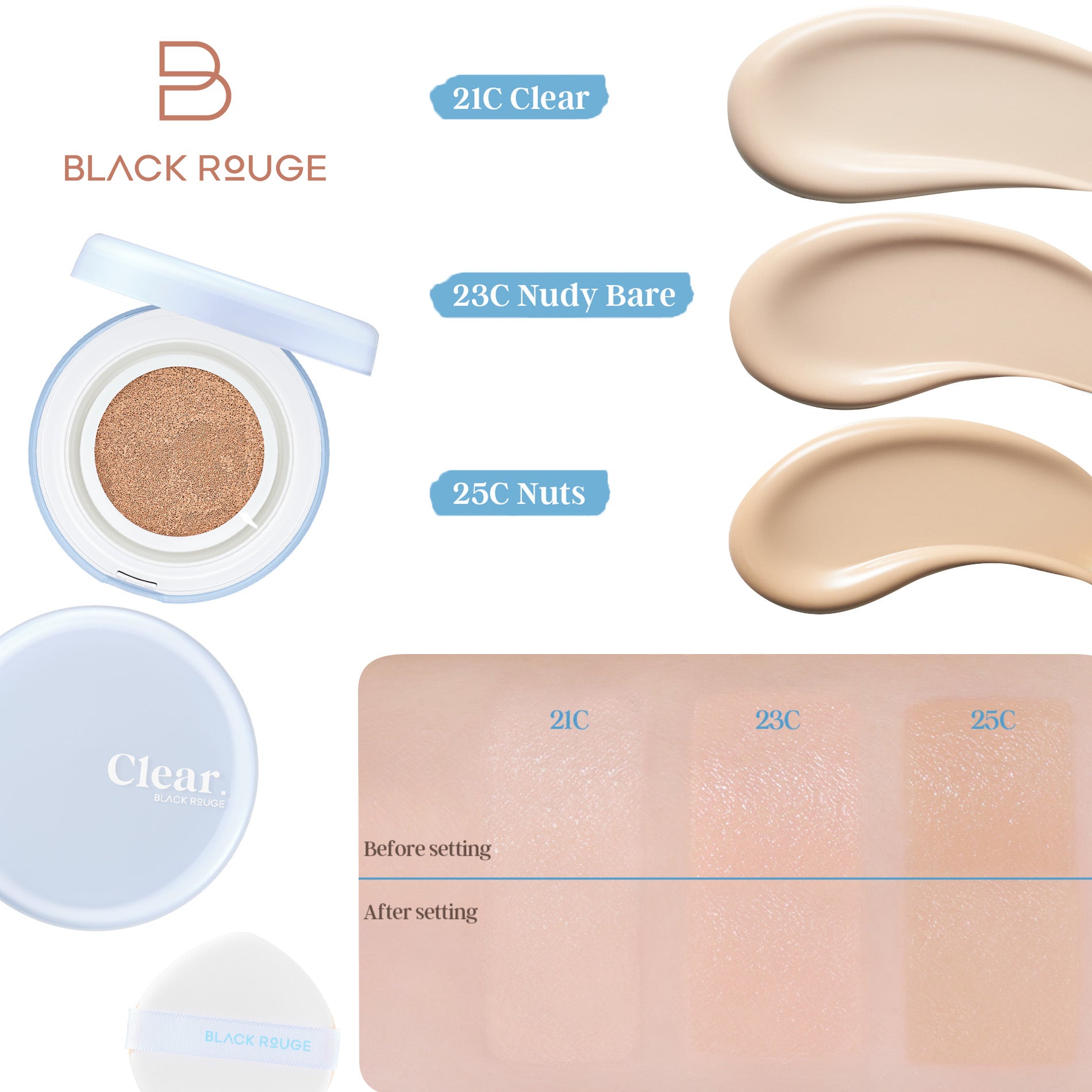BLACK ROUGE Thin Layer Clear Cushion Wegański podkład o transparentnym glow i lekkim kryciu SPF 50+ PA++++ 14 g
