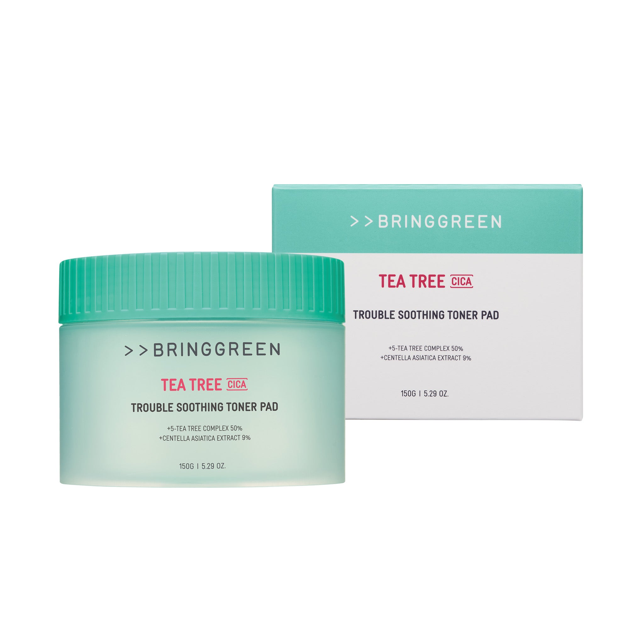 BRINGGREEN Tea Tree Cica Trouble Soothing Toner Pad – Zklidňující tonizační tampony s tea tree a cica, 90 ks.