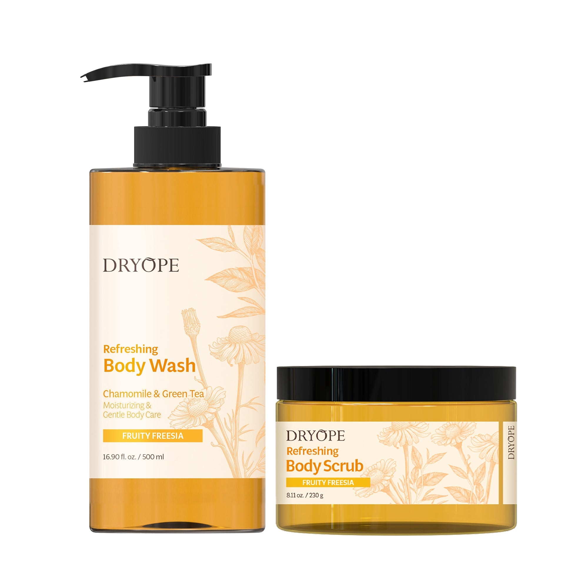 Coffret DRYOPE FRUITY FREESIA, Gel douche Vegan 500 ml + Gommage corps nourrissant 230 g