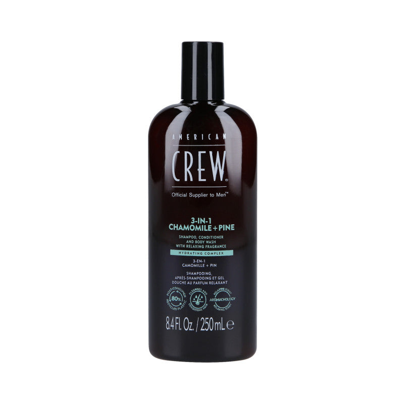 AMERICAN CREW 3-IN-1 CHAMOMILE&PINE Shampoo, Spülung und Duschgel, Drei in einem mit dem Duft von Kamille und Kiefer, 250 ml