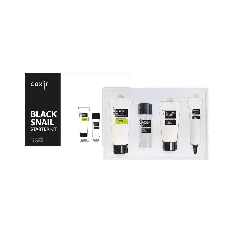 COXIR BLACK SNAIL COLLAGEN LINE Regenerierendes Set mit Schneckenschleim und Kollagen 30 ml + 30 ml + 20 ml + 15 ml