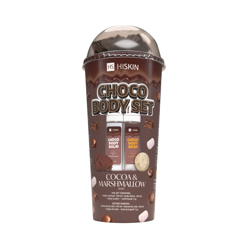 HISKIN BODY CHOCO SET Badeset in der Tube Duschgel 100ml + Bodylotion 100ml + Waschlappen + Ball 15g