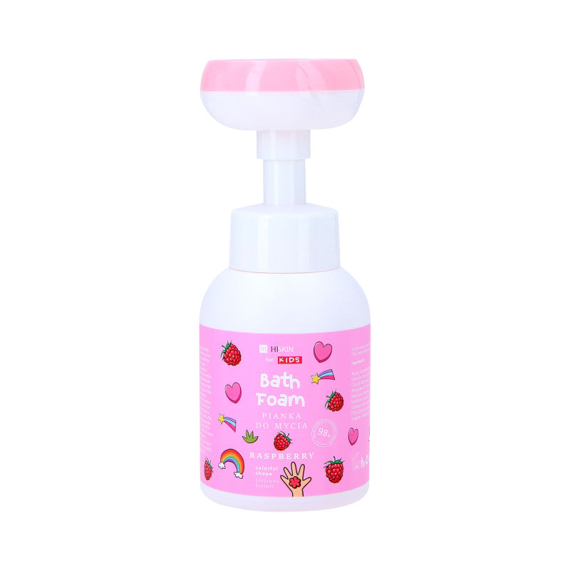 HISKIN FOR KIDS Mousse rose pour le lavage des mains et du corps pour enfants au parfum de framboise, motif fleuri, 300ml