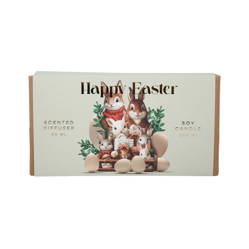 HISKIN HOME HAPPY EASTER Set candele di soia al cioccolato Uova 200 ml + diffusore Garden Party 100 ml