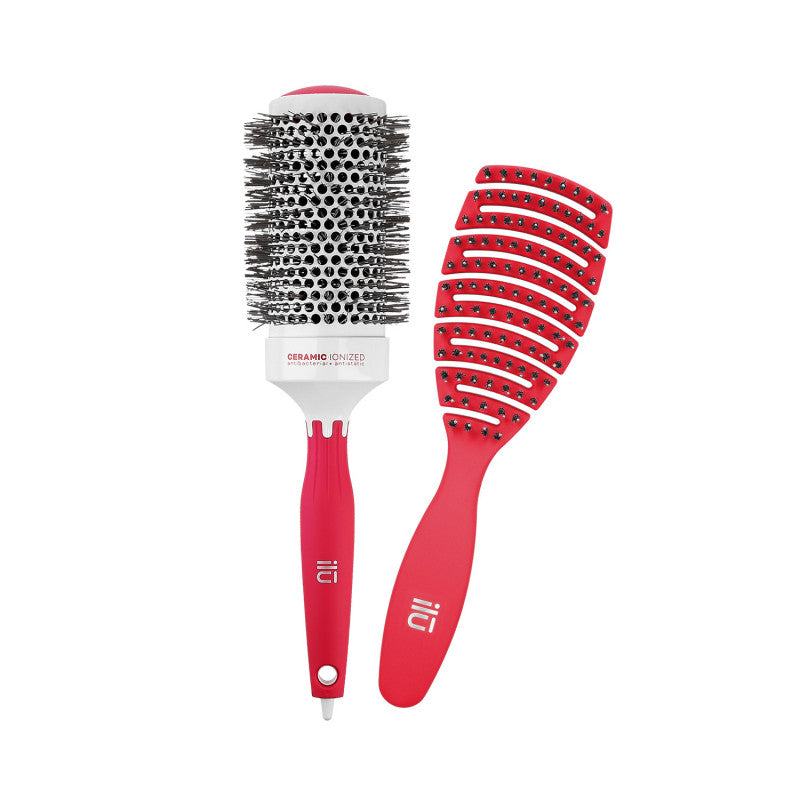 ilū Rhodamin Rot 2 Teilig Haarbürsten Set, Entwirr und Styling Haarbürste Rund Ø 53 mm